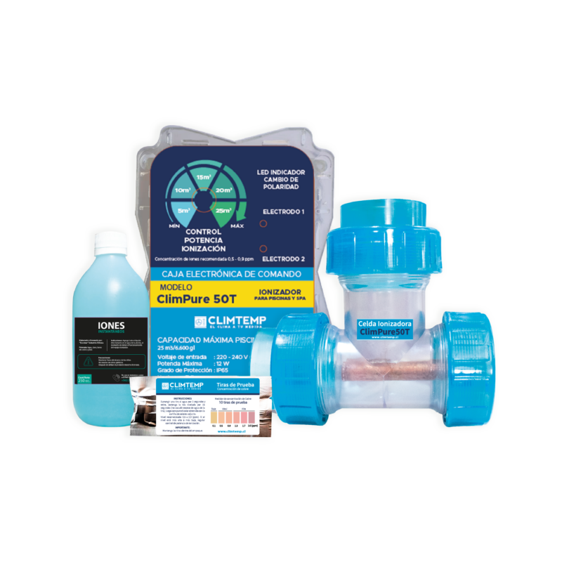 Imagen del Ionizador 50 T para piscinas, dispositivo de purificación con tecnología de Cobre-Plata coloidal para agua cristalina y saludable.
