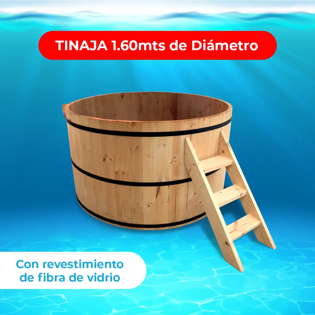 Pack Tinaja de pino revestida en fibra 1.60 mts. + Bomba de Calor Full Invert 09 + Manta Térmica 2x2 + Filtro Vulcano