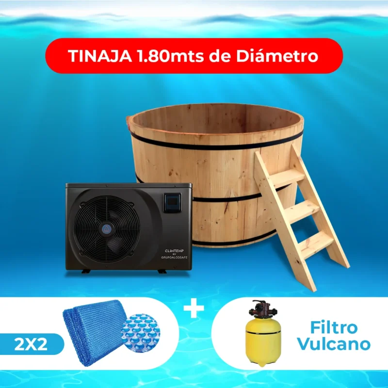 Pack Tinaja de pino revestida en fibra 1.80 mts. + Bomba de Calor Full Invert 09 + Manta Térmica 2x2 + Filtro Vulcano