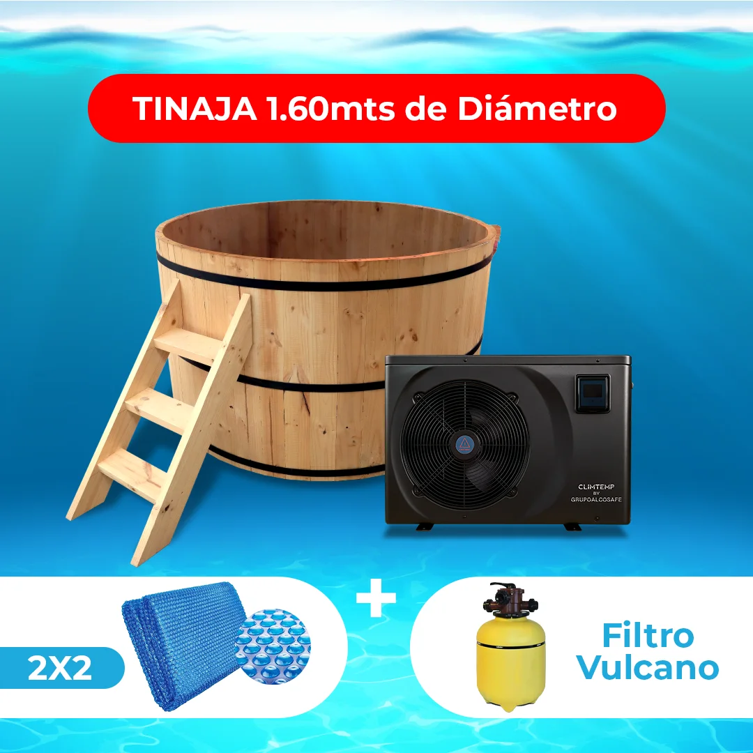 Pack Tinaja de pino revestida en fibra 1.60 mts. + Bomba de Calor Full Invert 09 + Manta Térmica 2x2 + Filtro Vulcano