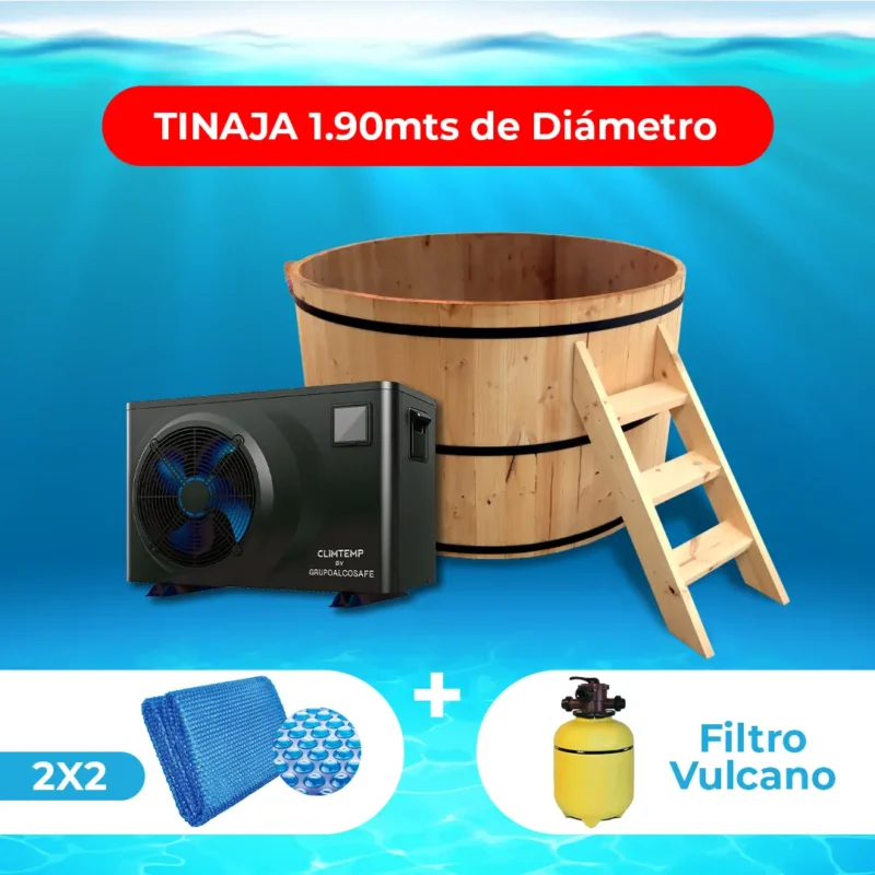 Pack Tinaja de pino revestida en fibra 1.90 mts. + Bomba de Calor Full Invert 09 + Manta Térmica 2x2 + Filtro Vulcano