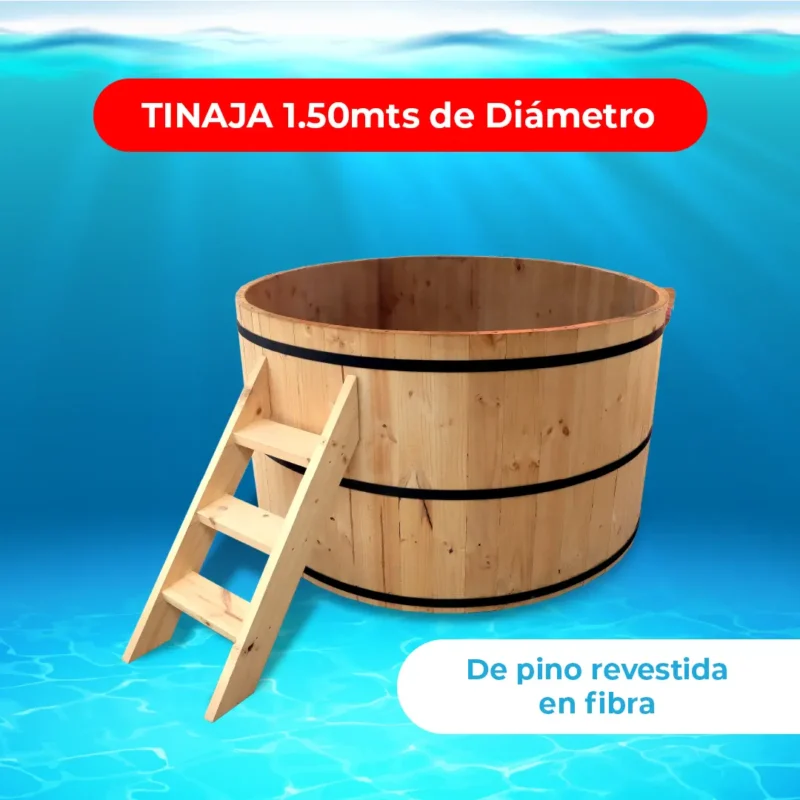 Pack Tinaja de pino revestida en fibra 1.50 mts. + Bomba de Calor Full Invert 09 + Manta Térmica 2x2 + Filtro Vulcano