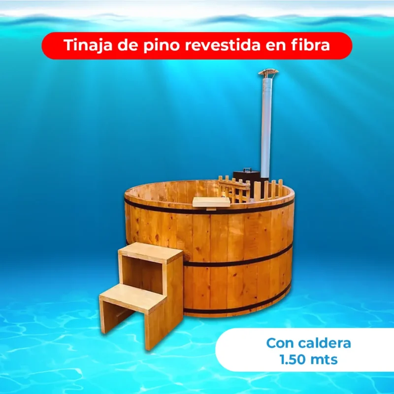 Tinaja de pino revestida en fibra con caldera 1.50 mts.